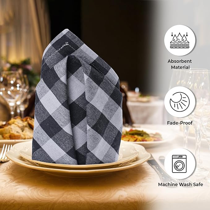 Urban Villa Cotton Dinner Napkins Set of 6, Highly Absorbent 20x20 Inches Premium Cloth Napkins Hotel Quality Reusable & Washable Table Dinner Napkins for Home & Weddings - Grey/Black, Checks