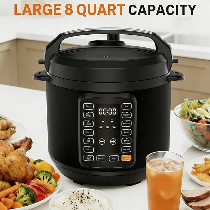 Simple Deluxe 8QT Electric Pressure Cooker, 16-in-1 & Non-Stick Stainless Steel Multi Cooker with 12 Presets for Slow Cook, Meat Stew, Steam, Sauté, Canning, Yogurt Maker, Dishwasher Safe, Black