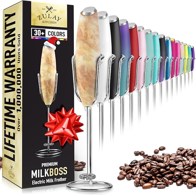 Zulay Kitchen Milk Frother Wand – High-Speed Handheld Frother with Upgraded Stand – Electric Foam Maker with Stainless Steel Whisk