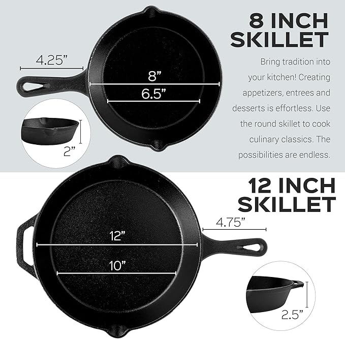 Cast Iron Skillet Set - 8" + 12"-Inch Frying Pan - Pre-Seasoned Oven Safe Cookware + 2 Heat-Resistant Handle Holder Grips - Indoor/Outdoor Use - Grill, Stovetop, Induction Safe. PFAS and PFOA-free