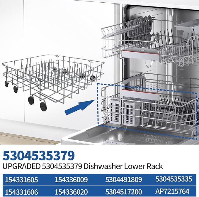 5304535379 Lower Dishrack Replacement Compatible With Frigidaire Crosley Kelvinator Dishwasher rack Assembly Part Numbers 154331605 154331606 154336020 5304491809 5304517200 5304535335 AP7215764