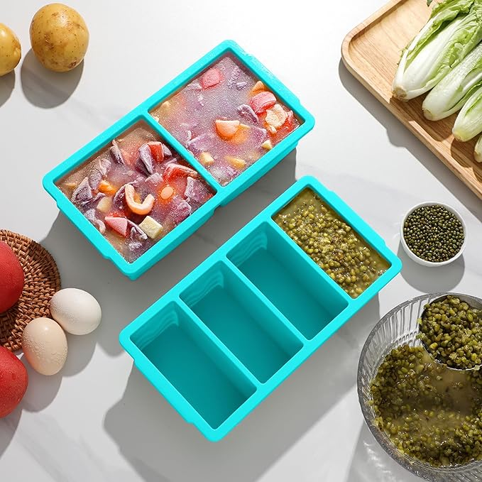 Silicone Freezer Molds for Soup with Lid, 1-Cup & 2-Cup Large Ice Cube Trays Food Storage Containers for Meal Prep, Freeze 500mL/250mL/125mL Portions – 4 Pack (1-Cup Green*2 & 2-Cup Blue * 2)