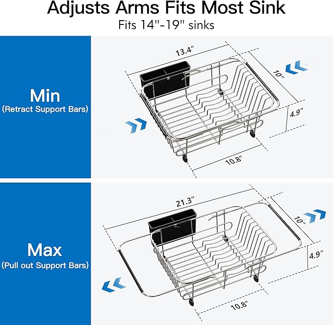 Apartment RV Small Dish Drainer Drying Rack Over The Sink In Stainless Steel for Narrow Kitchen, Counter Space Saving Compact Expandable Metal Plate Dryer Strainer, Modern Above Wire Drain Holder