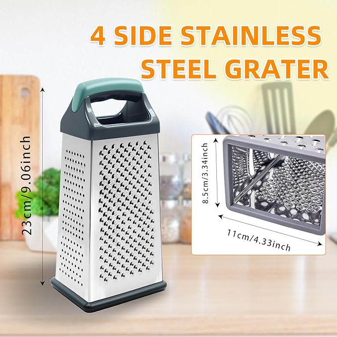 Box Grater, Stainless Steel Cheese Graters for Kitchen, 4 Sided Food Grater with Handle, Cheese Slicer for Food Vegetables Potatoes Carrot