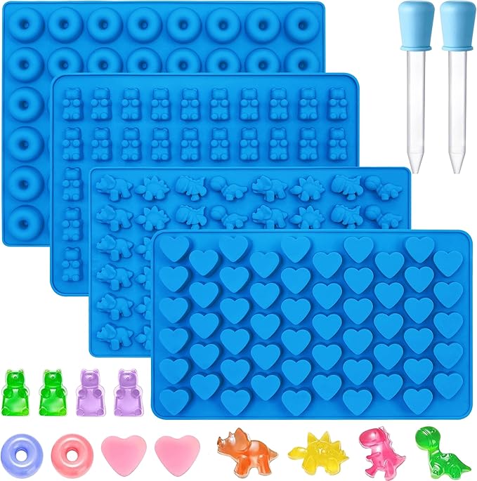Sidosir 4Pcs Gummy Candy Bear Molds, Non-stick Silicone Chocolate Mold for Dinosaur, Donut, Heart, Silicone Candy Molds with 2 Droppers