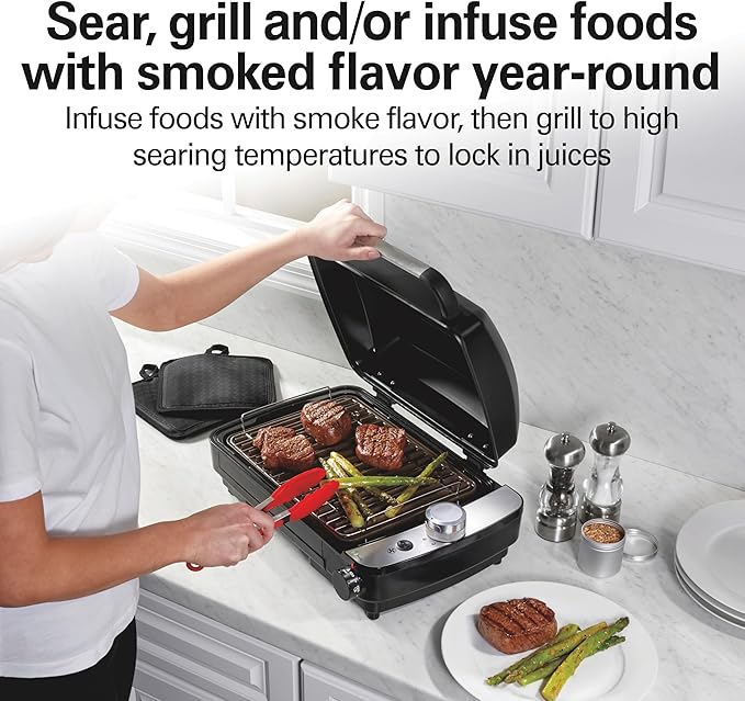 Hamilton Beach Electric Indoor Grill with Hot and Cold Smoke Infuser, 150°F - 450°F Temperature Control For Searing, Vented Hood and Fan, 116 Sq. In. Non-Stick Cooking Surface, Black (25375)