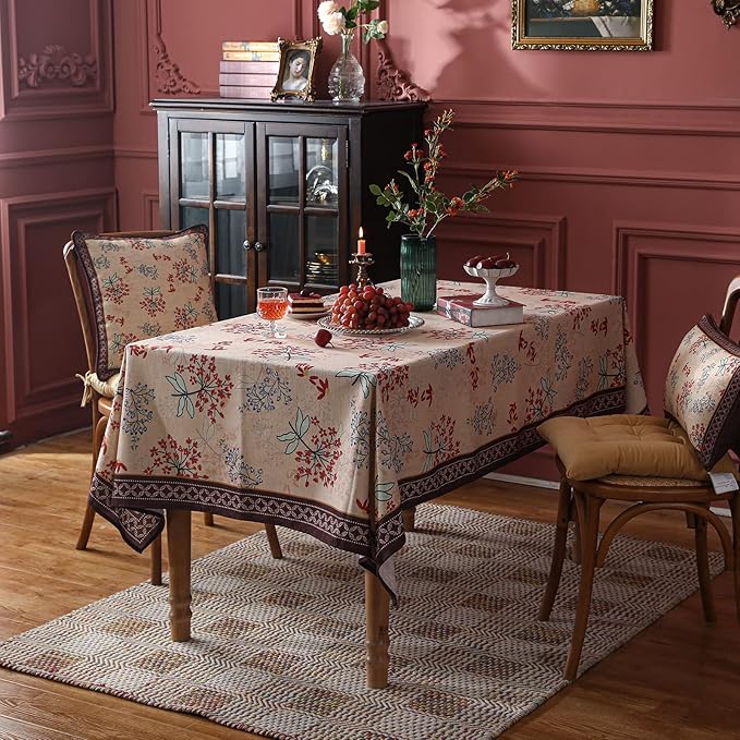 patdrea Designer French Linen Extra Long Tablecloth for Rectangle Table,Vintage Red Floral Tablecloths,Table Cover for Kitchen Dining,Tea Party,Christmas,Thanksgiving,Holiday,67"x118"-Newmari