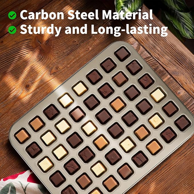 Beasea Square Mini Brownie Bite Pan, 2 Pack 48 Mini Small Tiny Cup All Edges Non Stick Square Cupcake Baking Sheet Tin Tray Carbon Steel Bakeware Individual Muffin Baking Pan - Gold