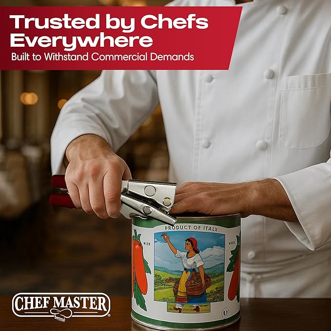 Chef-Master Commercial Can Opener, Multi-Purpose Can-Opener Manual, Easy Turn Anti-slip Grip Knobs, Sharp Cutting Discs, Manual Handheld With Soft Handle for Large Cans & Kitchen Use -90226