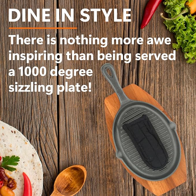 Mr. Bar-B-Q Cast Iron Fajita Skillets Set, Pre-Seasoned Non-Stick Sizzling Plate, Wooden Base w/Cloth Handle, Sizzler Steak Plate, Cast Iron Skillets for Diners, Bar, Restaurants, Caterings & Parties