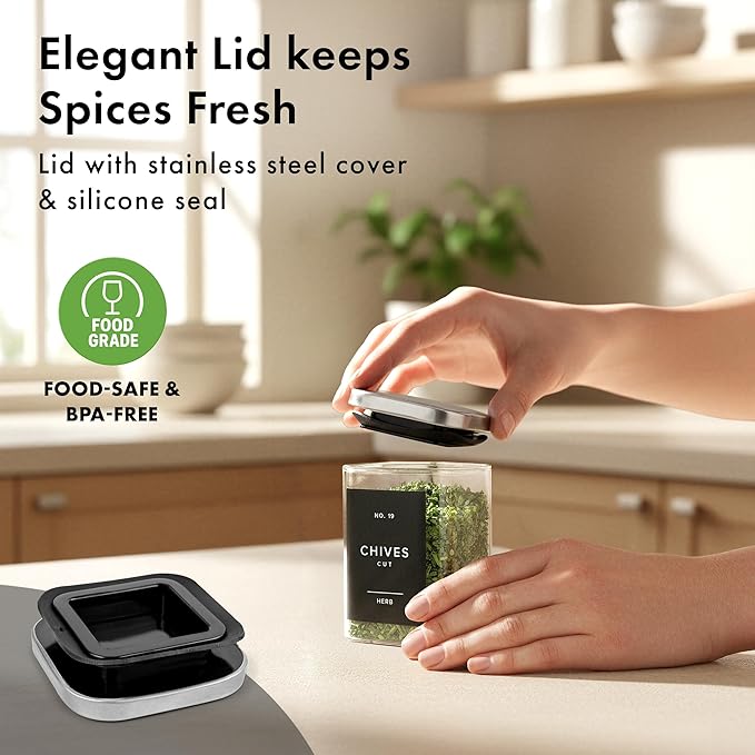 EDELHAUS Glass Spice Jars with Labels and Steel Lids (12 x 6.4oz) Spice Containers with 160 Label, Steel Funnel, Shaker Inserts, Empty Square Seasoning Organizer for Spice Rack, Cabinet, Drawer