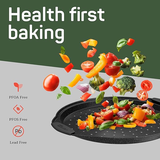 Non-Stick Pizza Pan with Silicone Handle 1 Pack, 13 Inch Round Carbon Steel Tray with Perforated Holes, Dishwasher & Oven Safe Up To 450°F, PFOAPFOSPTFE Free, Durable Nonstick Gray Marble Coating
