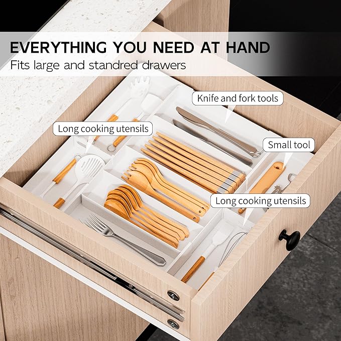 Jolitac Expandable Large Silverware Drawer Organizer - Adjustable Utensil Tray & Cutlery Holder, Plastic Storage for Spoons, Forks, Knives | Multipurpose Kitchen Organizers and Storage Solution, White
