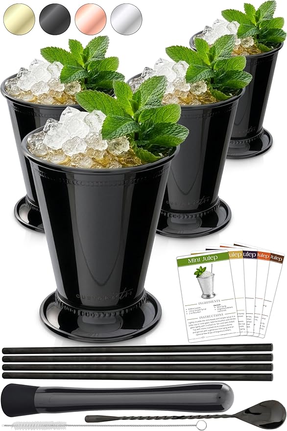 Gusto Nostro Mint Julep Cups Set of 4 - Stainless Steel Julep Cup Kit with Straws, Muddler, Spoon, Recipes, Vases - Southern-style Cocktail Glasses for Home Bar - Stainless Steel Cocktail Cups (Black)