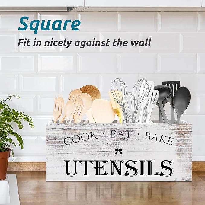 Suli Extra Large Kitchen Utensils Holder with 4 Compartments, Wooden Utensil Organizer for Kitchen Countertop, Farmhouse Decor, Rustic Cooking Utensil - White grain