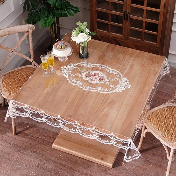 Clear Table Cover Protector Vinyl PVC Square Table Cloth with White Lace Pattern Oil Spill Proof Plastic Tablecloths for Dining Tables Parties Holidays (French Lace, 55 x 55 Inches)