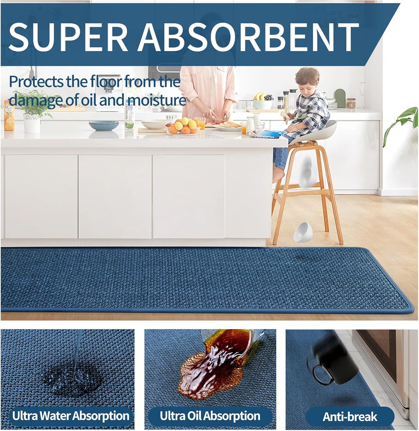 Kitchen Mats for Floor, Super Absorbent Kitchen Rugs Non Slip Washable, Soft Imitation Linen Braided Runner Rug, Standing Mat Kitchen Sink Mat, Easy to Clean, Blue 17x71