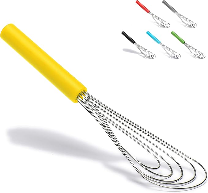 Flat Whisk Silicone Handle Non Slip 10" - 5 Wires Whisk with 10 Heads for Kitchen Cooking by Jell-Cell (Yellow)