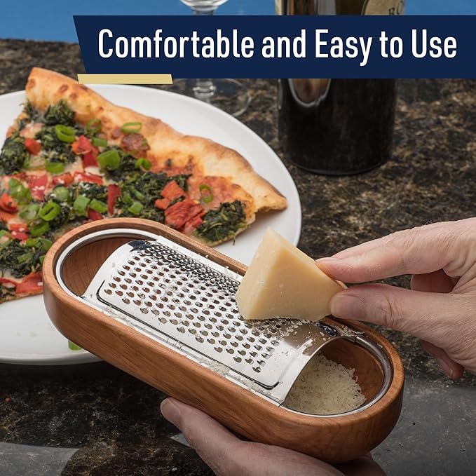 Cheese Grater with Container - Stainless Steel Cheese Grater with Cherrywood Serving Bowl - Fine Shredder Kitchen for Hard Cheese, Spices, and Zesting - Italian Kitchen Gadgets by Kings County Tools
