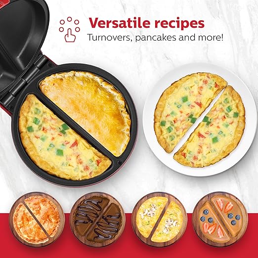 Holstein Housewares Stainless Steel 2 Section Omelet & Frittata Maker, Non Stick Coating, Easy To Clean, Indicator Lights, Compact Storage, Prepare Versatile Recipes in Minutes. 2 Portions, Red