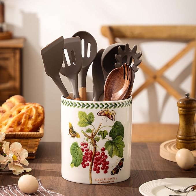 7" Flower Utensil Holder, Large Kitchen Utensil Holder Organizer , White Stable Utensil Crock Spatula Holder for Kitchen Counter Countertop Farmhouse Cooking Tools Holder(Ribes rubrum)