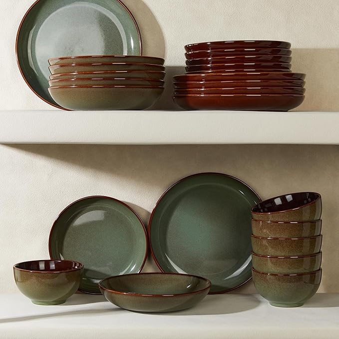 Pokini 24 Piece Double Bowl Dinnerware Sets with Pasta Bowls, Highly Chip and Crack Resistant Plates and Bowls Sets, Natural Earthyware Ceramic Dishware Sets, Service for 6 Sage Green