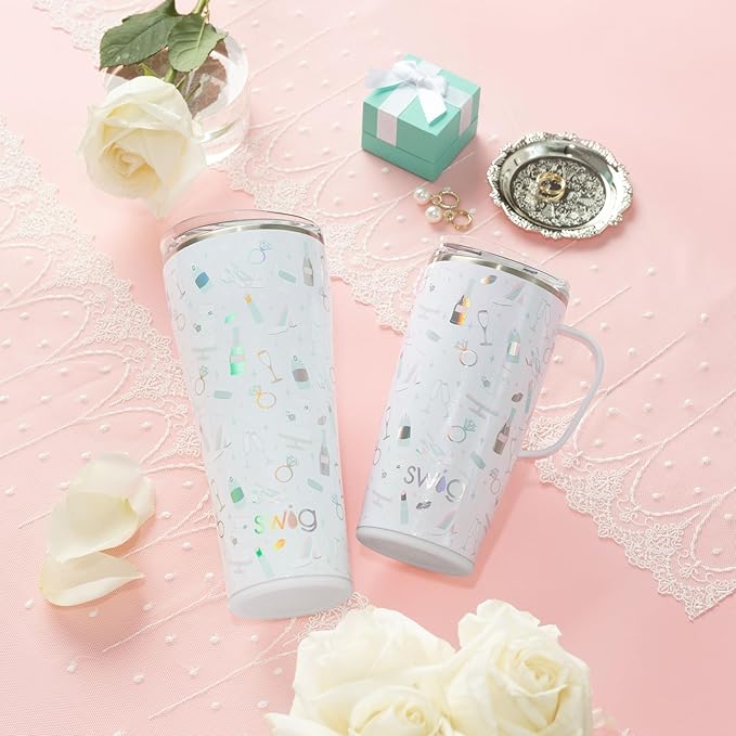 Swig Life 22oz Insulated Tumbler, Travel Coffee Tumbler with Lid, Cup Holder Friendly Travel Coffee Mug, Stainless Steel (Bride to Be)