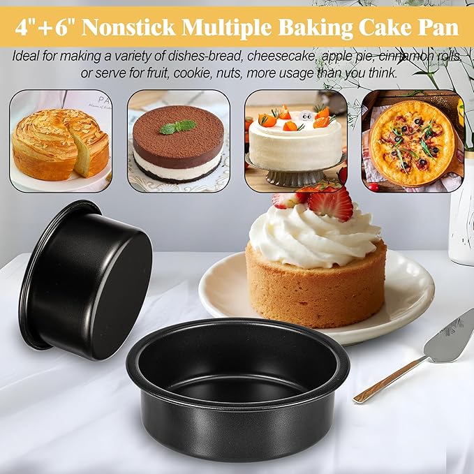 AWTBDP 4-Inch & 6-Inch Cake Pan Set, Set of 2, Round Baking Pan, Carbon Steel Birthday Wedding Metal Layer Cake Pans, Non Toxic Coating, Straight Side, Easy Clean Easy Release, 2 Inch Deep