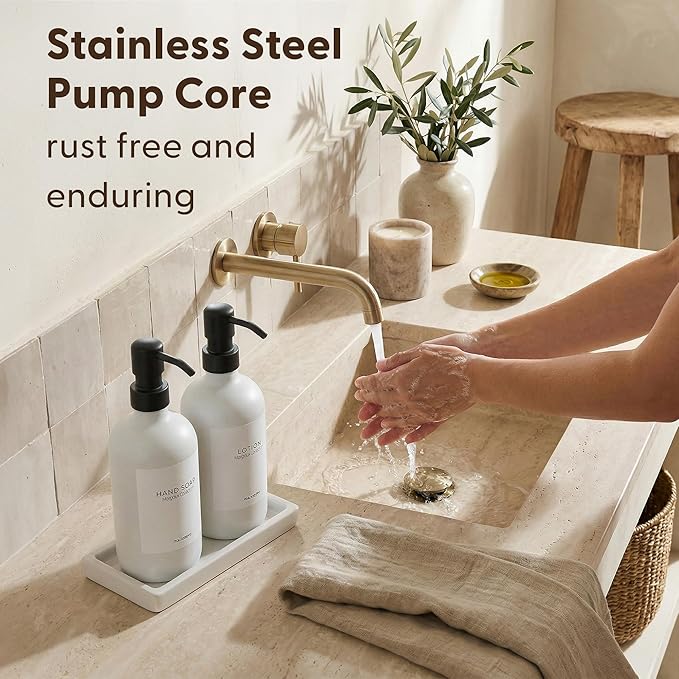 MaisoNovo Bathroom Soap Dispenser Set- Soap and Lotion Dispenser Set with White Soap Dispenser, Black Pumps & Ceramic Tray