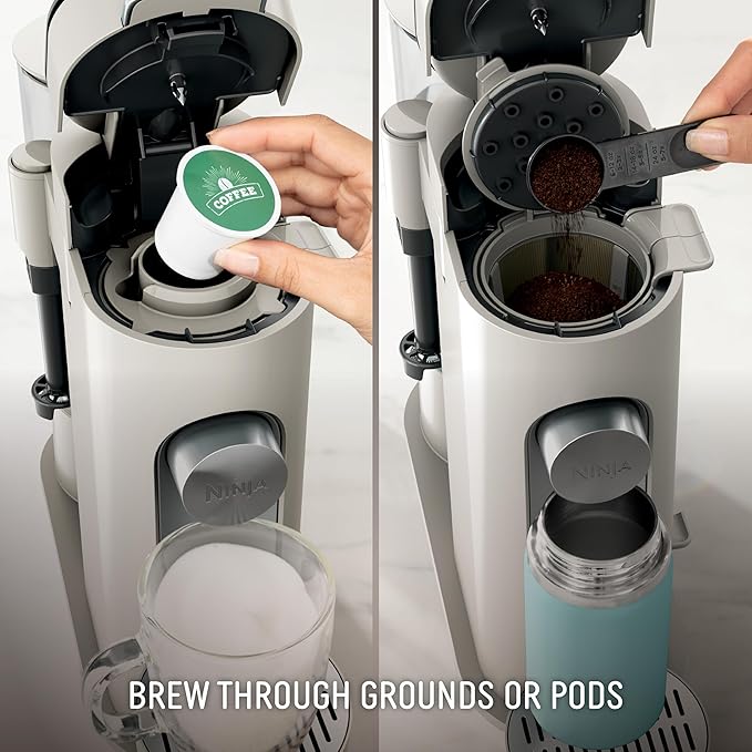 Ninja Pod & Grounds Specialty Single-Serve Coffee Maker, K-Cup Pod Compatible, Brews Grounds, Compact Design, Built-In Milk Frother, 56-oz. Reservoir, 6-oz. Cup to 24-oz. Mug Sizes, Stone, PB051ST