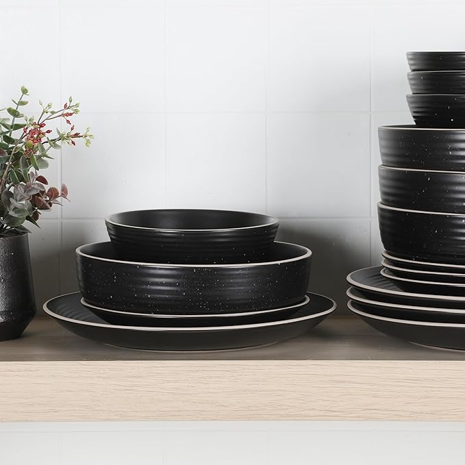Gibson Home Dinah 16-Piece Matte Black Stoneware Dinnerware Set – Double Bowl, Embossed Speckled Design, Durable Kitchen Dinner Set