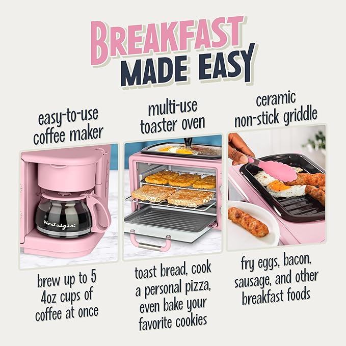 Nostalgia 3-in-1 Retro Breakfast Station - Includes 5 Cup Coffee Maker, Non-Stick Ceramic Griddle, and 4-Slice Toaster Oven - Built-In Timer, Reusable Coffee Filter, Space-Saving Design - Pink