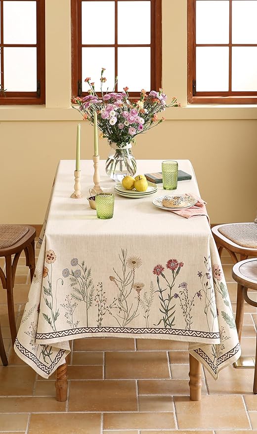 ISAENNE Designer Off White Linen Extra Long Rectangle Tablecloth,Floral Elegant Table Cloth,Stain Resistant Vintage Decor Tablecloths for Dining Thanksgiving Kitchen Party,67"*118"-Serenity G