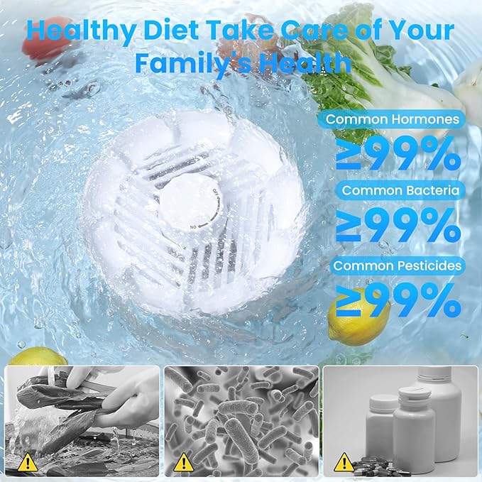 Fruit and Vegetable Washing Machine. Rotatable Fruit and Vegetable Purifier. The Fruit Cleaner Device Automatically Turns on in The Water. Use Water Rotator and OH ion Purification Technology
