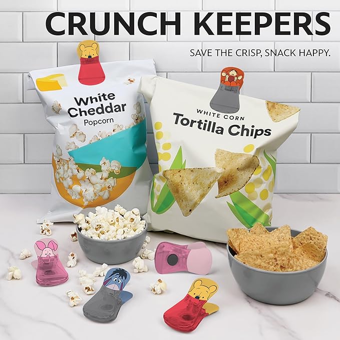 Disney Magnetic Chip Clips – Set of 6 Bag Clips for Food Storage - Mickey, Minnie, Lilo & Stitch, Winnie The Pooh – Durable & Airtight for Pantry & Fridge Use