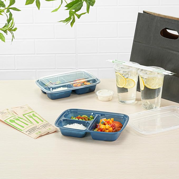 Asporto 26 Ounce Compartment Take Out Boxes, 100 Microwavable Meal Prep Containers - 3 Compartments, With Clear Plastic Lids, Midnight Blue Plastic Food Containers, Do Not Contain BPA - Restaurantware