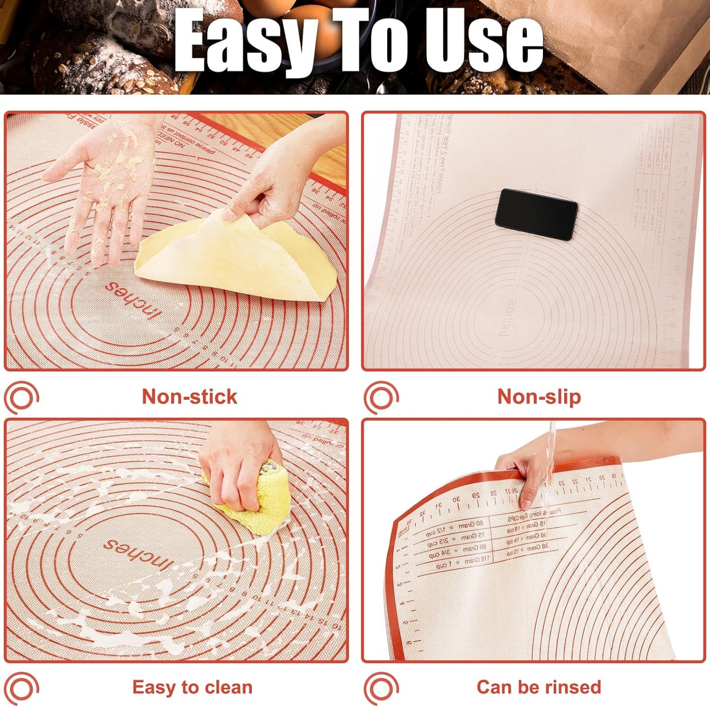Silicone Pastry Mat 34x26 Inch - Nonstick Baking Mat Perfect for Dough, Pastry, Pie Crust, Fondant, Bread, Cookies, Pasta, Pizza