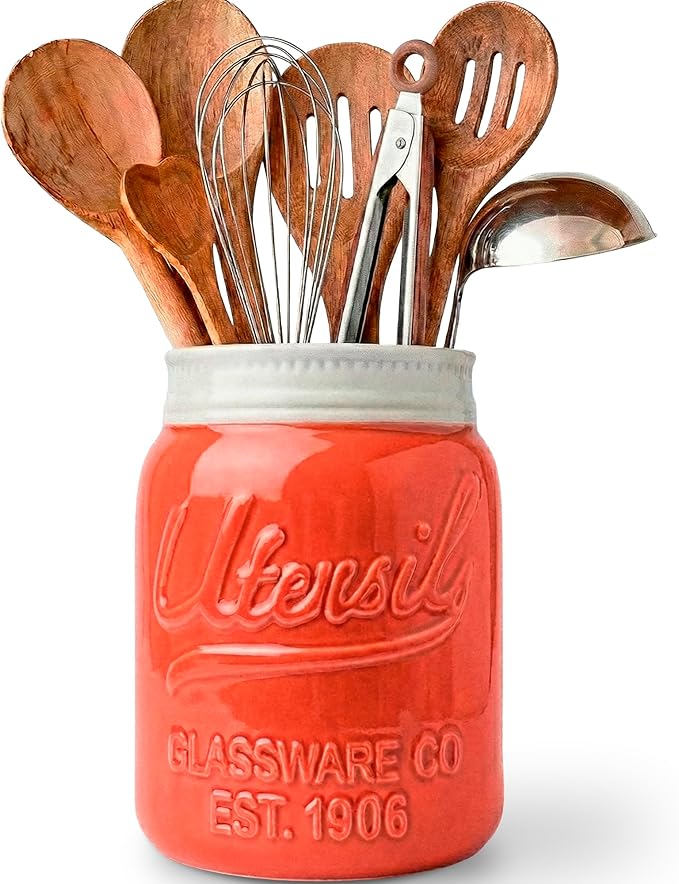 Comfify Wide Mouth Mason Jar Utensil Holder Decorative Kitchenware Organizer Crock, Dishwasher Safe - Kitchen Caddy, Large Size 7" High - Coral