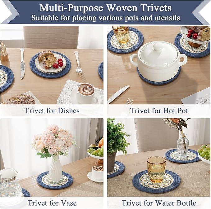 SHACOS 8 Inches Trivets for Hot Dishes, 4 Pieces Cotton and Felt Floral Pattern Trivet Mats for Kitchen, Hot Pads for Countertops and Table, Heat-Resistant Pot Holders for Hot Pots and Pans, Blue