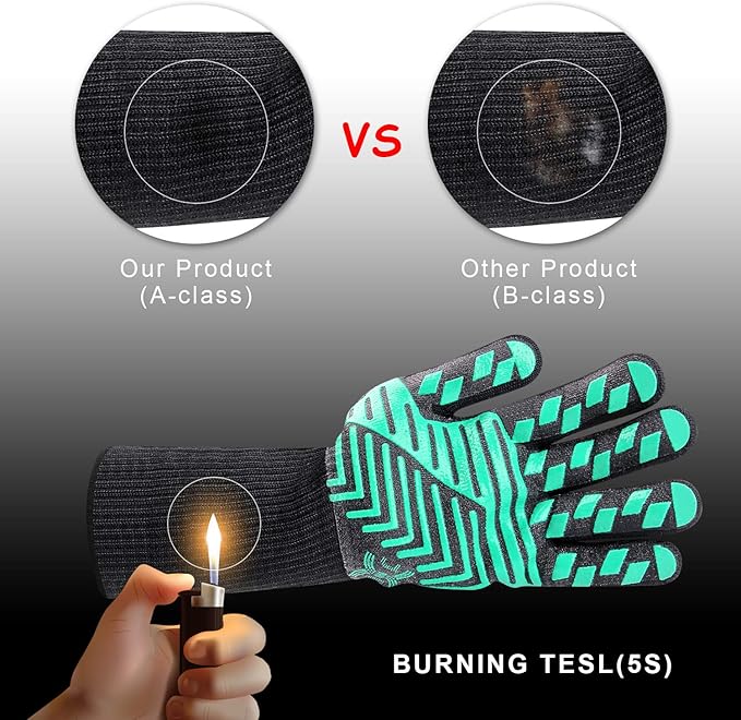 J H Heat Resistant Oven Glove:EN407 Certified 932 °F, 2 Layers Silicone Coating, Oven Mitts for Cooking, Kitchen, Fireplace,Camping, Grilling (Black/Green, Regular Cuff)