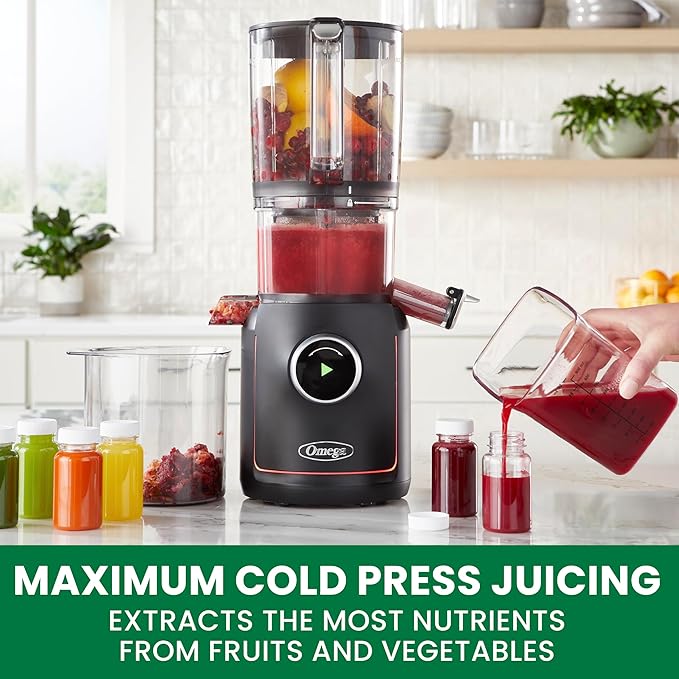 Omega Ultimate Performance Slow Masticating Batch Juicer with Intellidial Technology Cold Press Vegetable and Fruit Juice Extractor with 64-Ounce Hopper and 4 Juice Shot Glasses, 200-Watts, Black