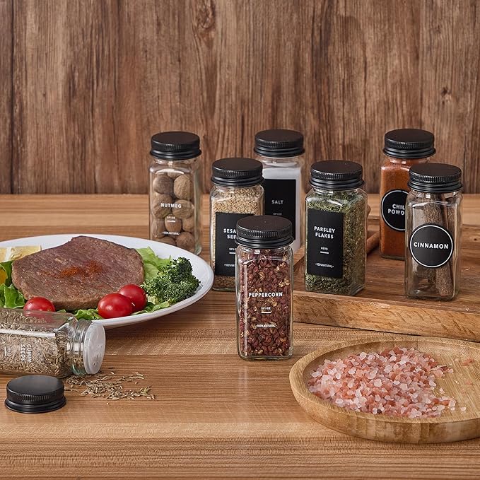 48 Glass Spice Jars with 576 Labels-Spice Jars with Black Metal Caps, 4oz Empty Square Spice Containers with Shaker Lids, Funnel, Pen, Seasoning Bottles for Spice Rack, Drawer, Cabinet