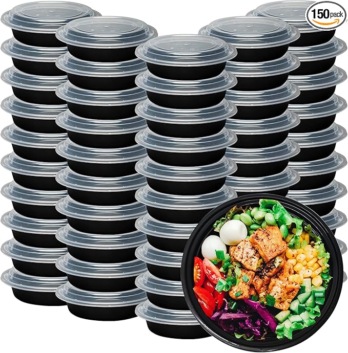 Klex 32 Oz, 150 Sets Meal Prep Containers with Airtight Lids, BPA Free, Reusable Plastic Food Container, 32 oz, Round, Black/Clear, 150 Sets
