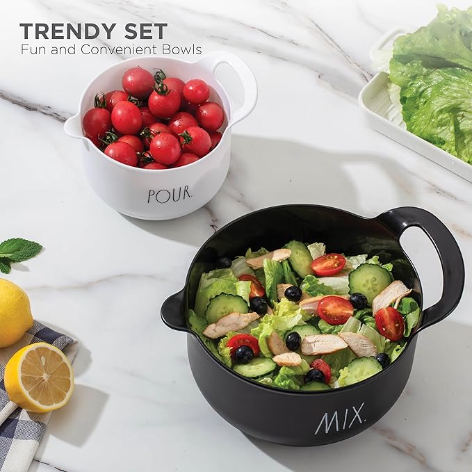 Rae Dunn Non-Slip Mixing Bowls - 4 Piece Nesting Plastic Mixing Bowl Set with Pour Spouts and Handles-Measurement Markings (Black)