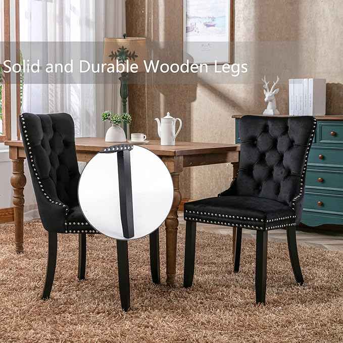 Black Dining Chairs Set of 6, Upholstered Velvet Dining Room Chairs with Back Ring Pull Trim and Solid Wood Legs,Modern Dining Chairs Perfect for Dining Room,Living Room,Kitchen(Black)