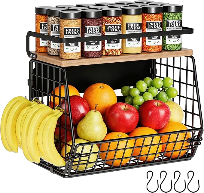 Magnetic Shelf for Fridge,Hanging Wall Basket for Potato Onion Fruit and Vegetable Storage Bins,Large Produce Container Magnetic Spice Rack for Refrigerator Kitchen Counter Pantry,Black