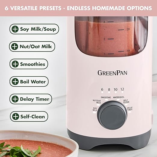 GreenPan Nut Milk Maker, 15-in-1 Homemade Soy, Almond, Oat, Coconut, Non-Dairy, Rice, Soup, Baby Food, BPA-Free, Smooth Creamy Texture, Self Clean, Barista Quality Milk, Delay Start, Boil Water, Pink