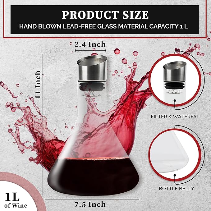 Levare Wine Decanter with Aerator - Lead-Free Crystal Wine Decanter with Built-in Aerator and Sediment Filter - Drip-Proof Stainless Steel Pourer Lid - Ideal Gifts for Enthusiasts and Connoisseurs