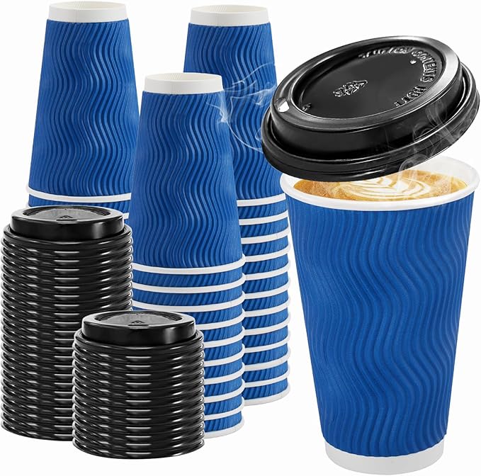 100 Pack Coffee Cups with Lids 16 oz, Disposable Insulated Ripple Wall To Go Paper Coffee Cups for Hot/Cold Drinks Office Home Shop Event (Navy)