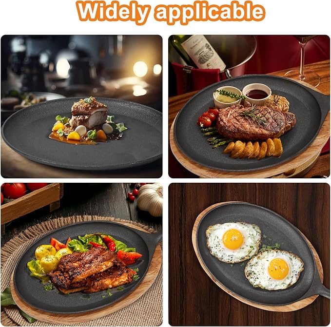 4 PCS Fajita Skillet,Sizzler Plates With Wooden Base And Handle Cover,Steak Plates,Cast Iron Skillet Set,Cast Iron Plates for Home Party Eating